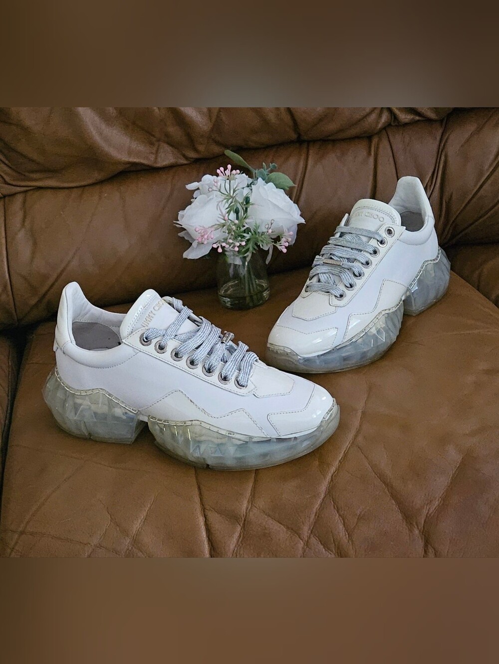 Women's Jimmy Choo Ivory Leather Chunky Diamond Sneakers Size 8 US
